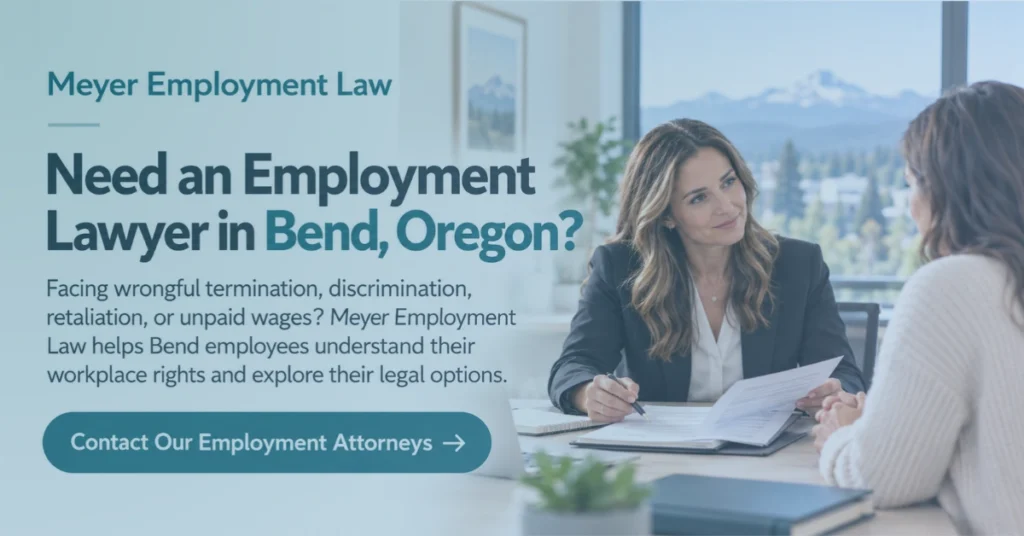 Meyer Employment Law CTA banner featuring an employment attorney consulting with a client about workplace rights in Bend, Oregon.