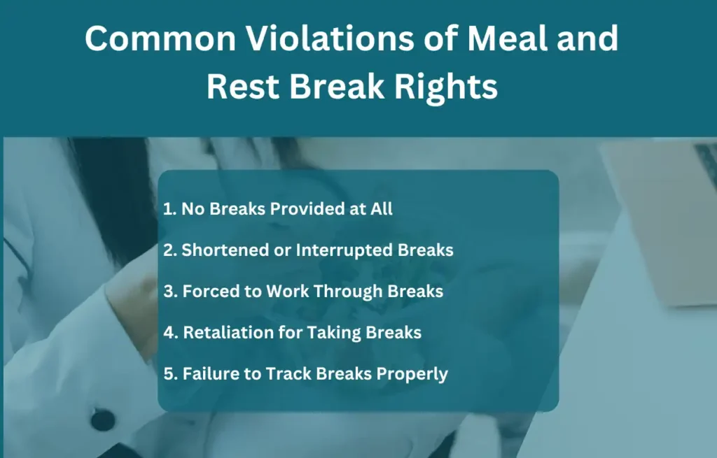 Image of list of common violations of meal and rest break rights in Oregon.