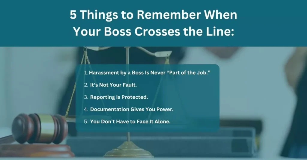 Infographic listing five things to remember when facing sexual harassment by boss Oregon, including reporting rights, documentation, and workplace protection tips.