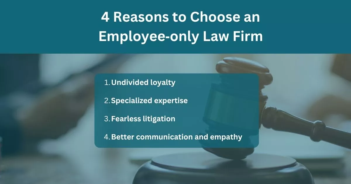 4 reasons to choose and employee-only low firm for a harassment claim infographic.