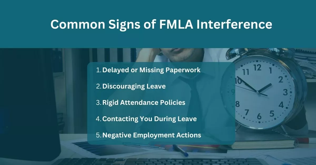 Graphic listing common signs of interference such as delayed paperwork and discouraging leave, where a FMLA attorney is needed.