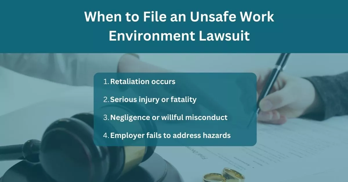 Legal documents and gavel representing when to file an unsafe work environment lawsuit.