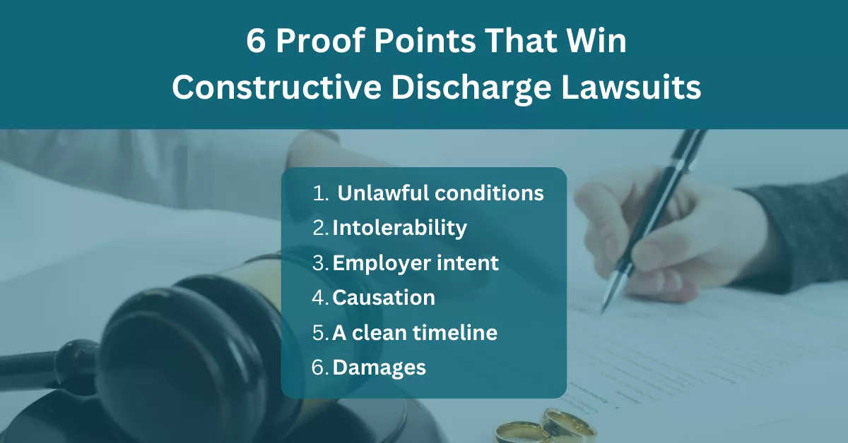 Graphic titled “6 Proof Points That Win Constructive Discharge Lawsuits” with a gavel and a hand signing documents in the background.