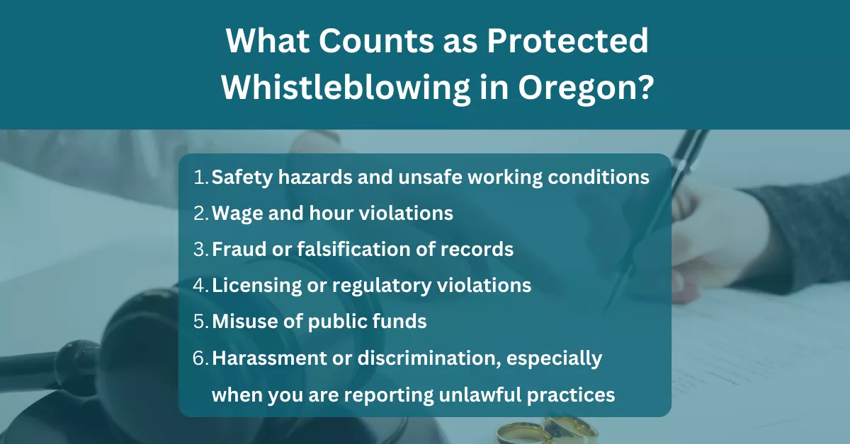 Graphic titled “What Counts as Protected Whistleblowing in Oregon?” with a six-point list over a blurred legal background.