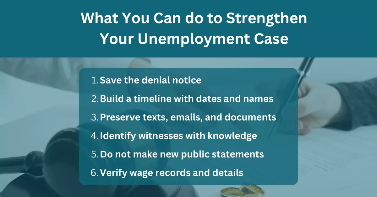 Graphic titled “What You Can Do to Strengthen Your Unemployment Case” with a six-step checklist over a blurred legal background.