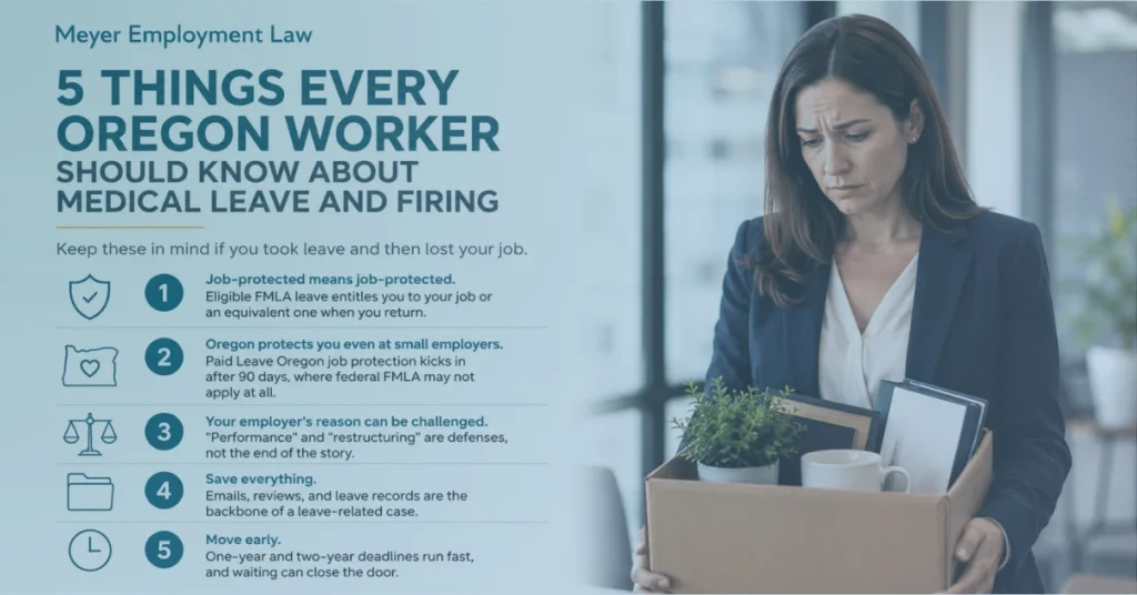 Infographic outlining five things Oregon workers should know about medical leave protections and job termination.