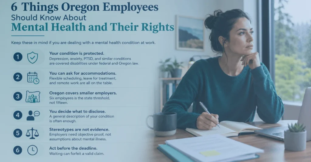 Infographic explaining six important rights Oregon employees have regarding mental health conditions in the workplace.
