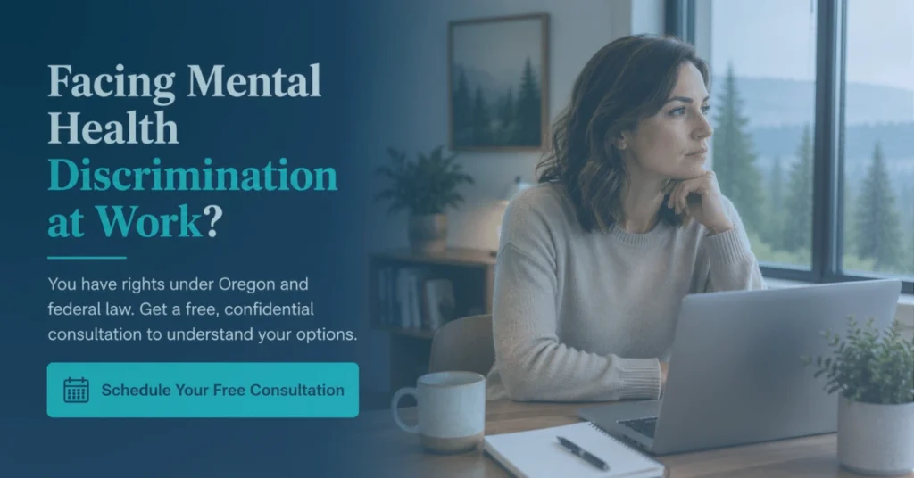 Employee working on a laptop while considering options after experiencing mental health discrimination at work.
