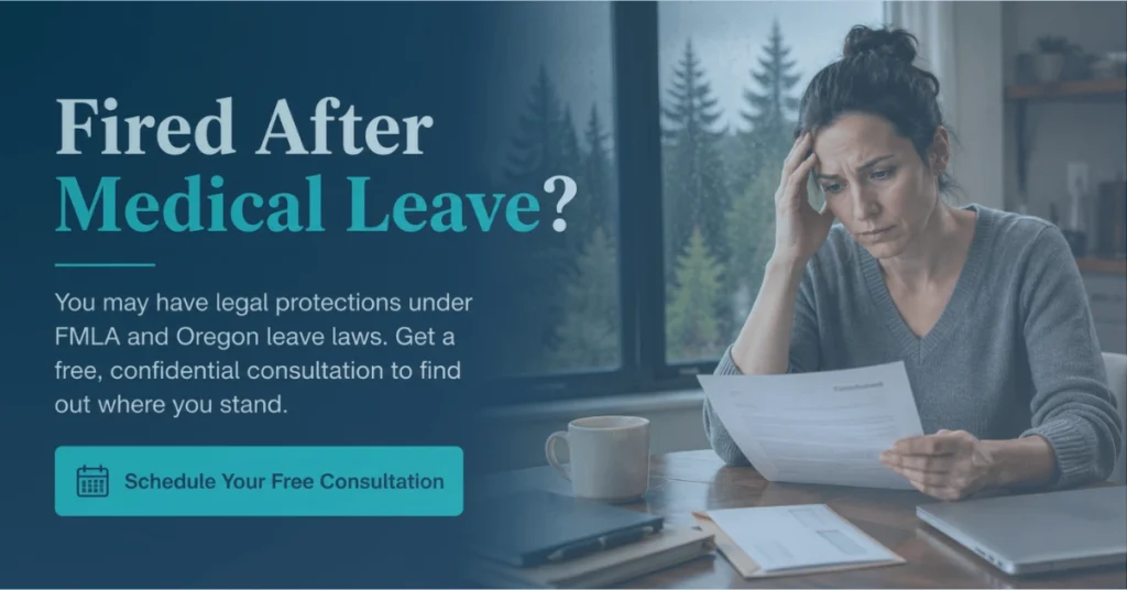 Worker reviewing termination paperwork after medical leave, highlighting legal protections under FMLA and Oregon leave laws.