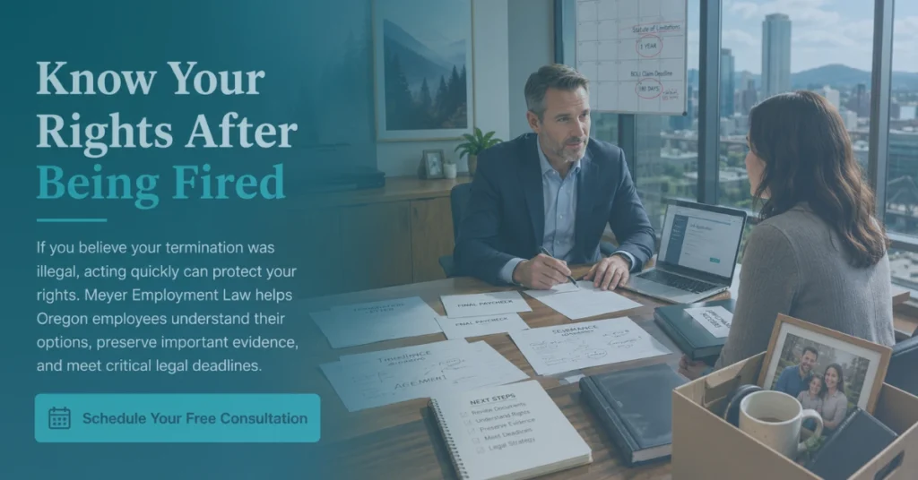 Oregon employment attorney meeting with a recently terminated employee to review termination documents, severance paperwork, evidence, and legal deadlines in a modern office overlooking the Portland skyline.