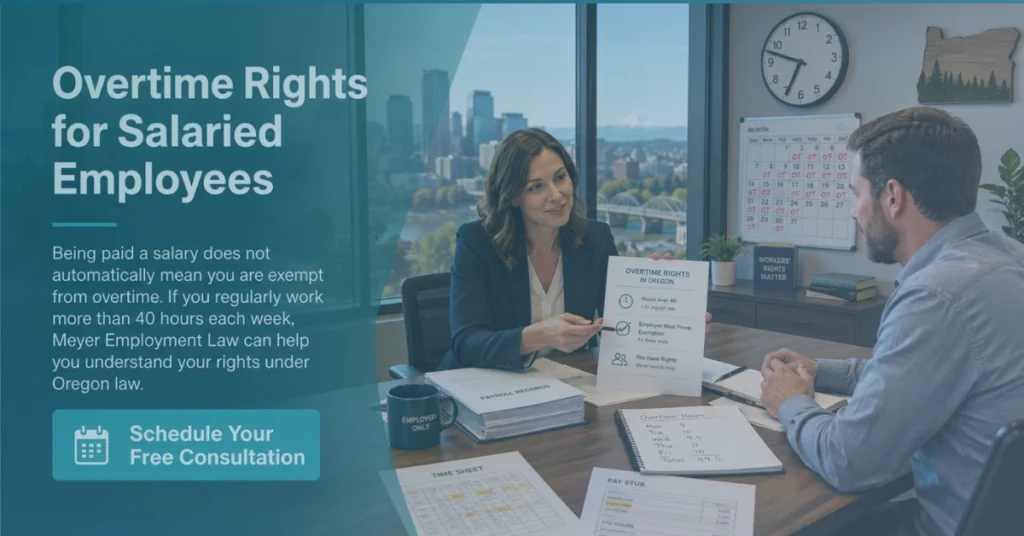 Employee meeting with an Oregon employment attorney to review overtime rights, pay stubs, timesheets, and exemption requirements during a legal consultation in a modern Portland office.