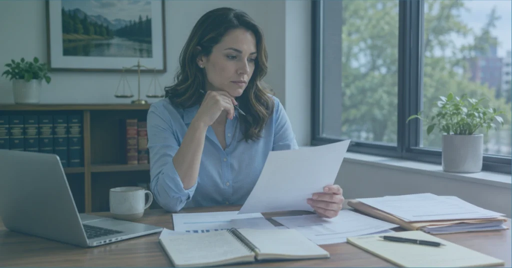 Office employee reviewing employment documents and pay records while evaluating overtime eligibility and exemption requirements under Oregon employment law.