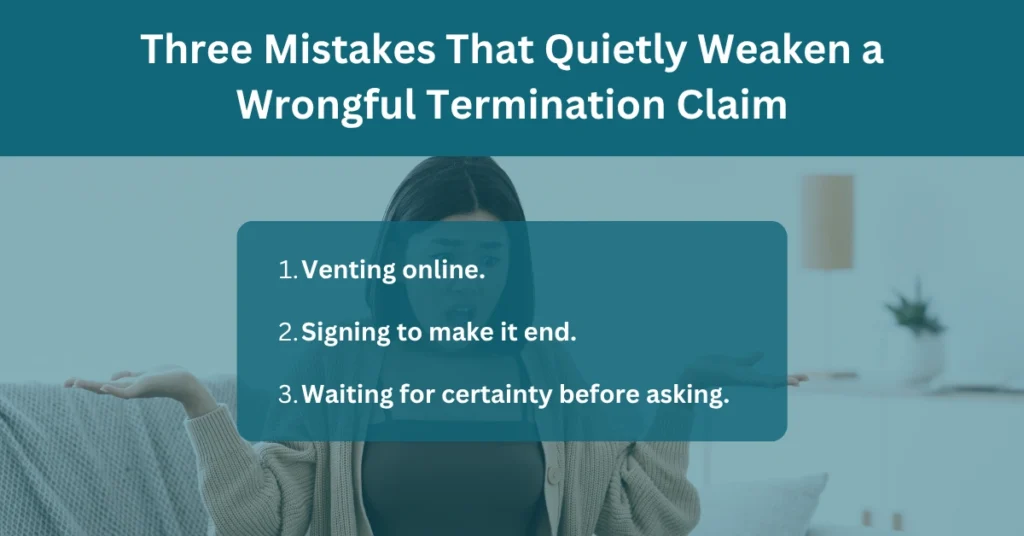 Infographic highlighting three common mistakes that can weaken a wrongful termination claim, including venting online, signing documents too quickly, and waiting too long to seek legal advice.