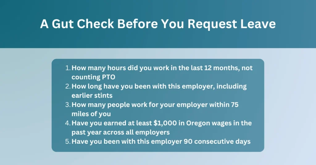 Infographic checklist of employment history, hours worked, employer size, Oregon wages, and length of employment to consider before requesting protected leave.