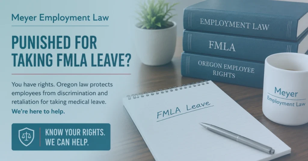 FMLA leave notebook beside employment law and Oregon employee rights books, illustrating legal protections against discrimination and retaliation for taking medical leave.