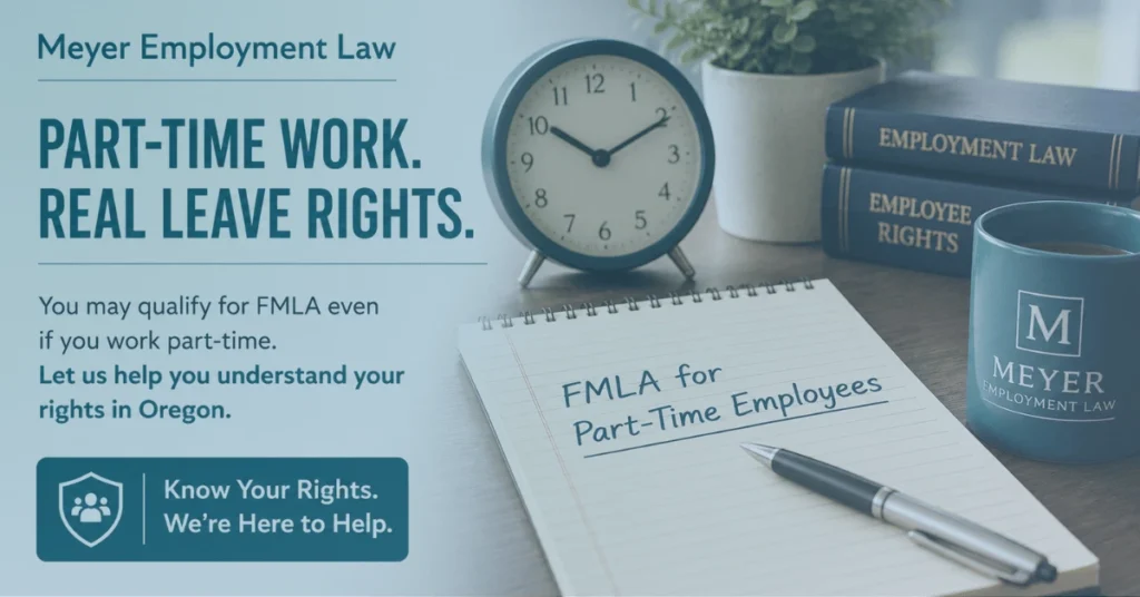 FMLA for part-time employees notebook beside employment law books and a clock, illustrating medical leave rights for part-time workers in Oregon.