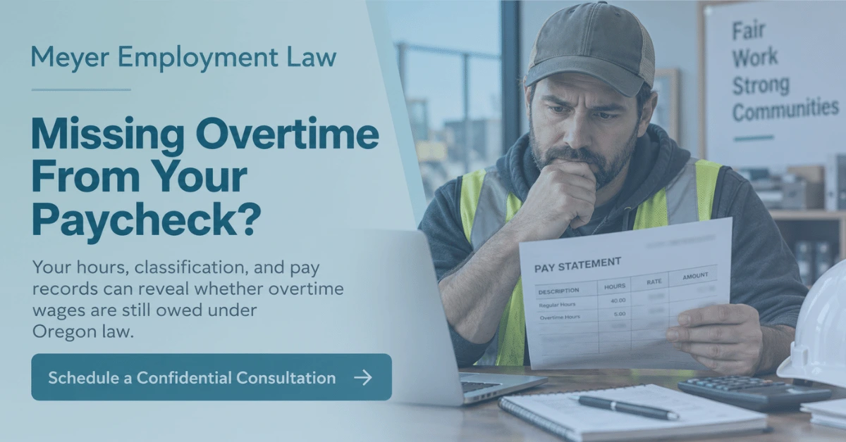 Oregon worker reviewing a pay statement for missing overtime wages with a laptop, calculator, and work records.