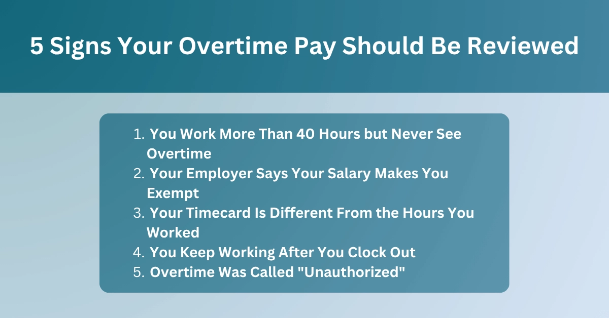 Infographic listing five signs of possible unpaid overtime, including working over 40 hours, off-the-clock work, and inaccurate timecards.