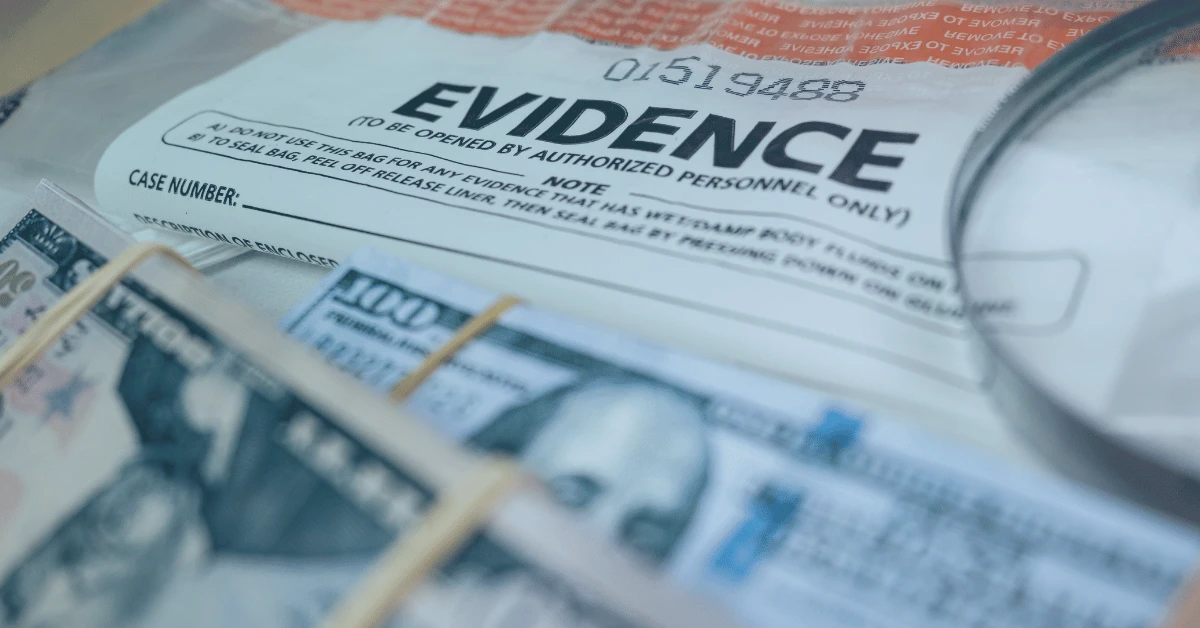 Evidence file with financial documents and cash representing the burden of proof and evidence used in an unemployment benefits hearing.
